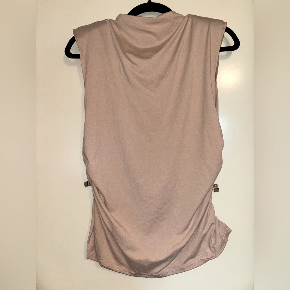 Soft women’s blouse with mock neck, rouched sides, sleeveless